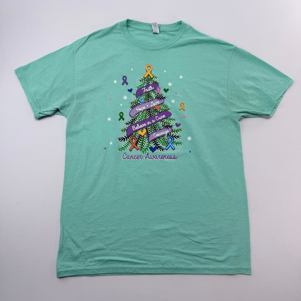 Jerzees Cancer Awareness Christmas Tree Graphic T-Shirt Mint Green Medium C2332
